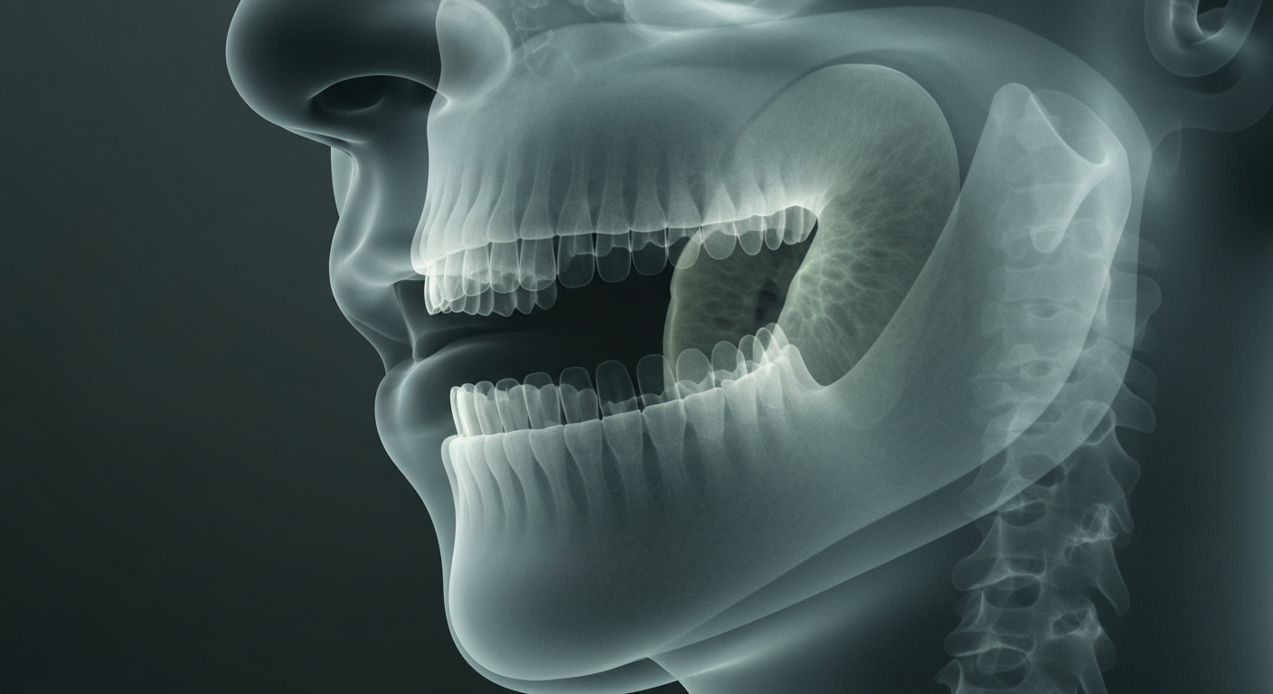 A translucent X-ray image revealing the internal structures of a human mouth and throat, with glowing outlines highlighting the area of focus for the free oral cancer screenings.