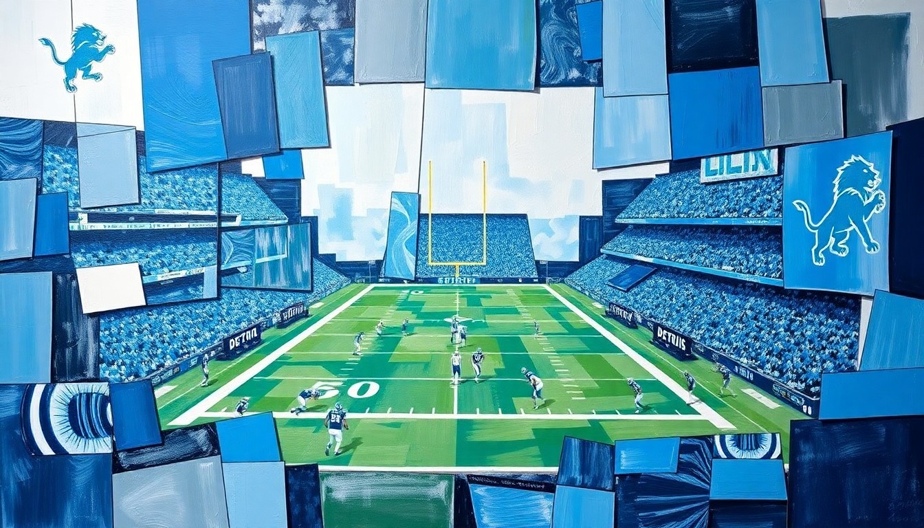 A cubist, geometric painting in shades of blue and silver, depicting a fragmented, multi-angled view of a football game or match, representing the complex and contentious relationship between NFL teams and players over contract negotiations and player compensation.