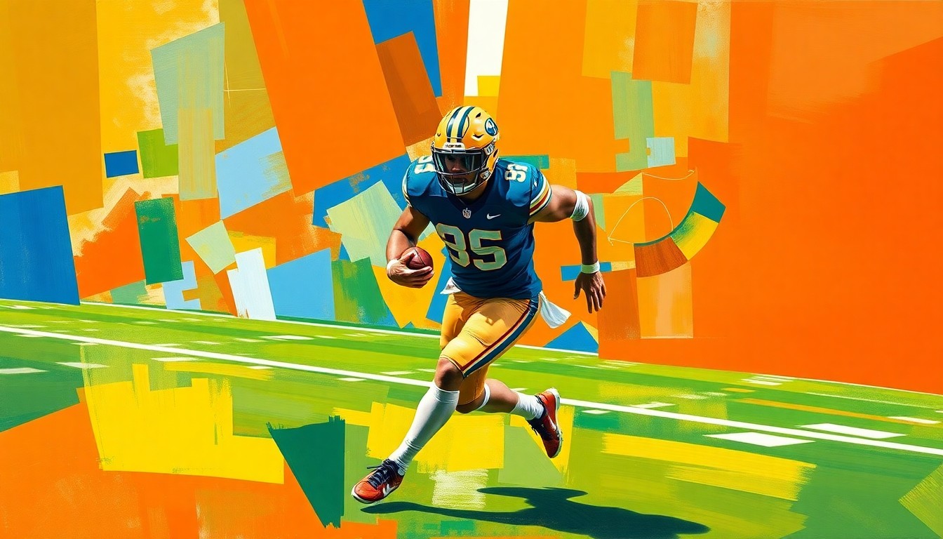 A fragmented, cubist-style painting depicting a UCF football player in motion, with sharp geometric shapes and planes in bright orange, blue, and green colors conceptually representing the team's careful approach to integrating their new quarterback.