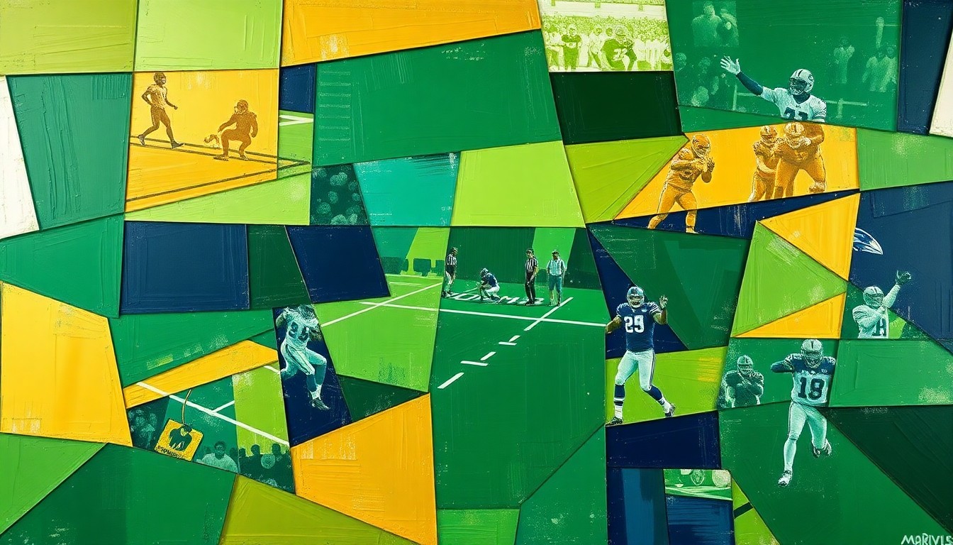 A cubist, geometric painting featuring overlapping planes of green, gold, and navy blue, conceptually representing the complex decision-making process of an NFL team's draft strategy.