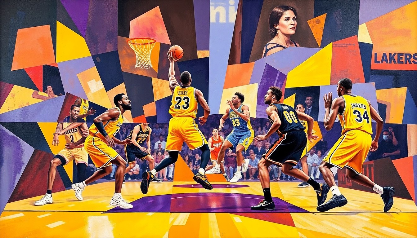 A cubist, geometric painting depicting the abstract forms of basketball players in motion, with the Lakers' purple and gold colors prominently featured alongside the colors of their opponent, conveying the dynamic energy of the game.