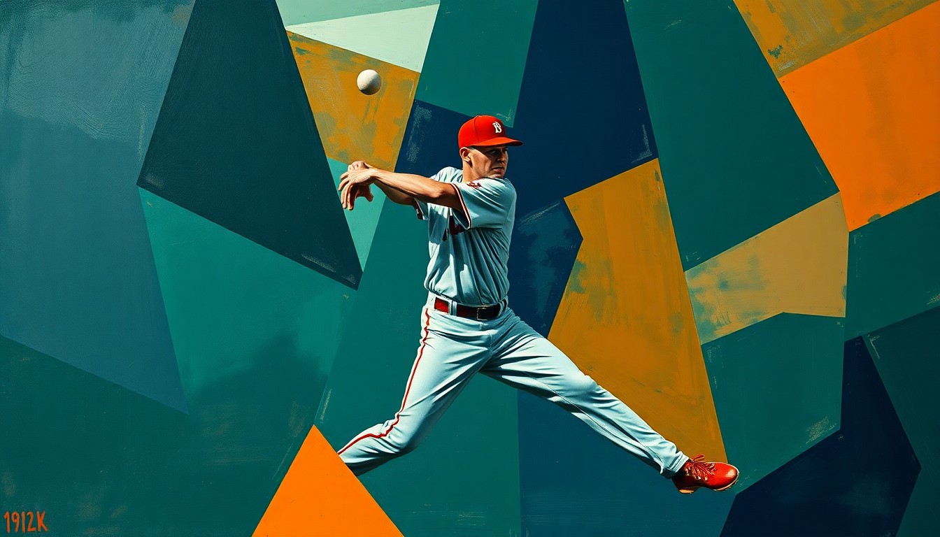A cubist-style painting depicting a baseball player's fielding motion broken down into overlapping geometric shapes in muted colors, conceptually representing the complexities of player development in professional baseball.