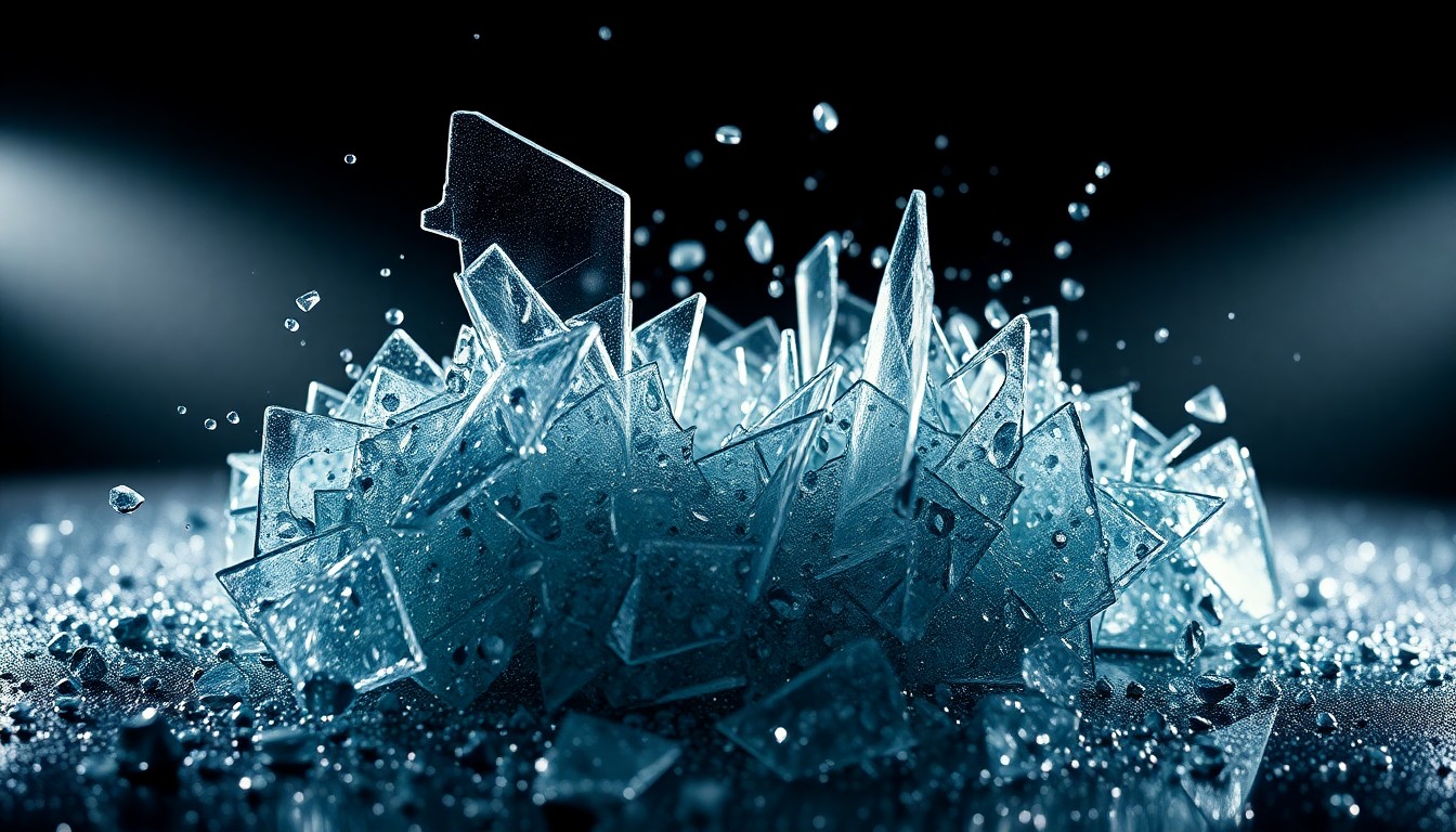 An extreme close-up of shattered glass and glittering sequins in high-contrast studio lighting, conceptually representing the intensity and glamour of Cynthia Erivo's dual pursuits of marathon running and theatrical performance.