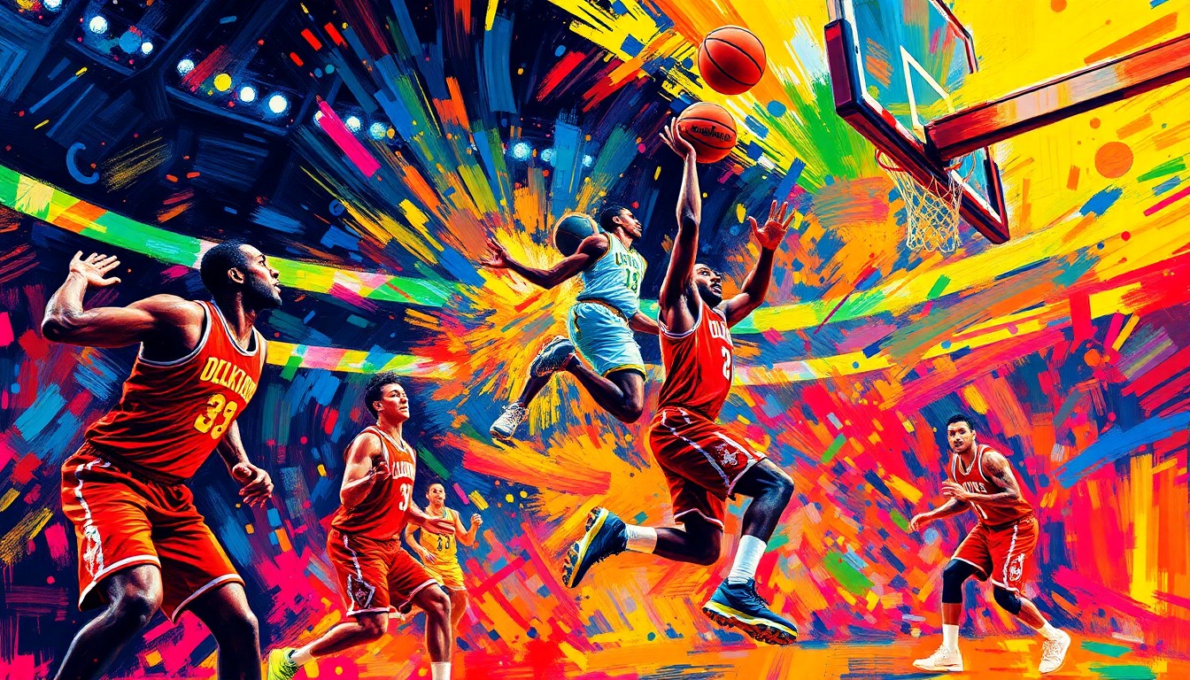 An abstract, energetic painting featuring bold, neon-colored brushstrokes that capture the intensity and movement of a professional basketball game.