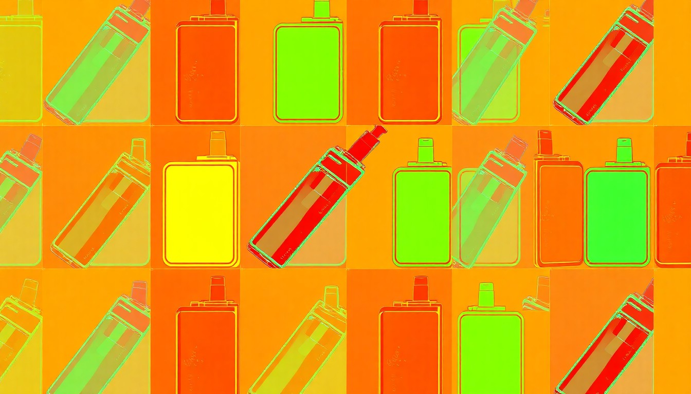 A highly stylized, repeating pattern of a vaping device in neon colors and bold black outlines, conceptually representing the pervasive issue of student vaping in schools.