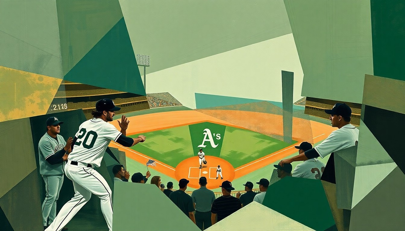 A fractured, multi-perspective painting featuring overlapping geometric shapes in muted tones, conceptually representing the Oakland Athletics' struggles to earn their first win of the 2026 season.