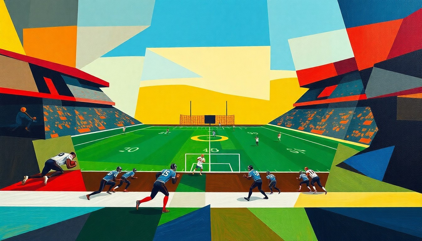 An abstract, cubist-style painting depicting a football game, with players and the field broken down into sharp, overlapping geometric shapes and planes of color, conveying the energy and movement of the sport.