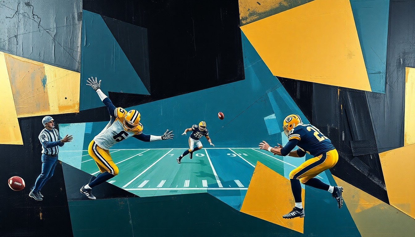A fragmented, geometric painting depicting a football player in motion, with sharp planes of black, gold, and steel blue representing the complex contract discussions between the Steelers and Rodgers.