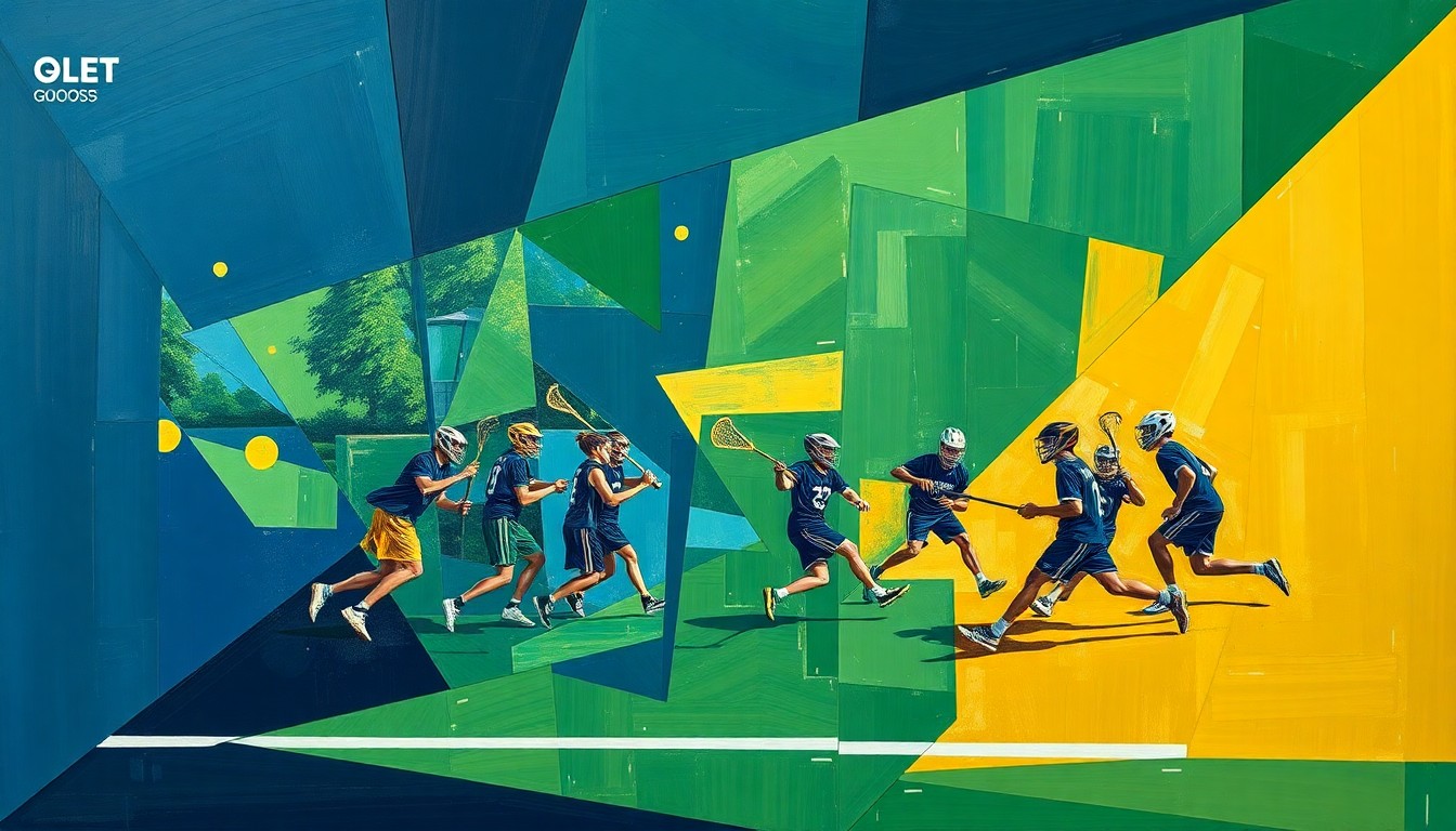 A cubist, geometric painting depicting a high school lacrosse game, with the players and field broken down into overlapping planes of navy, green, and gold colors, conveying the dynamic energy of the sport.