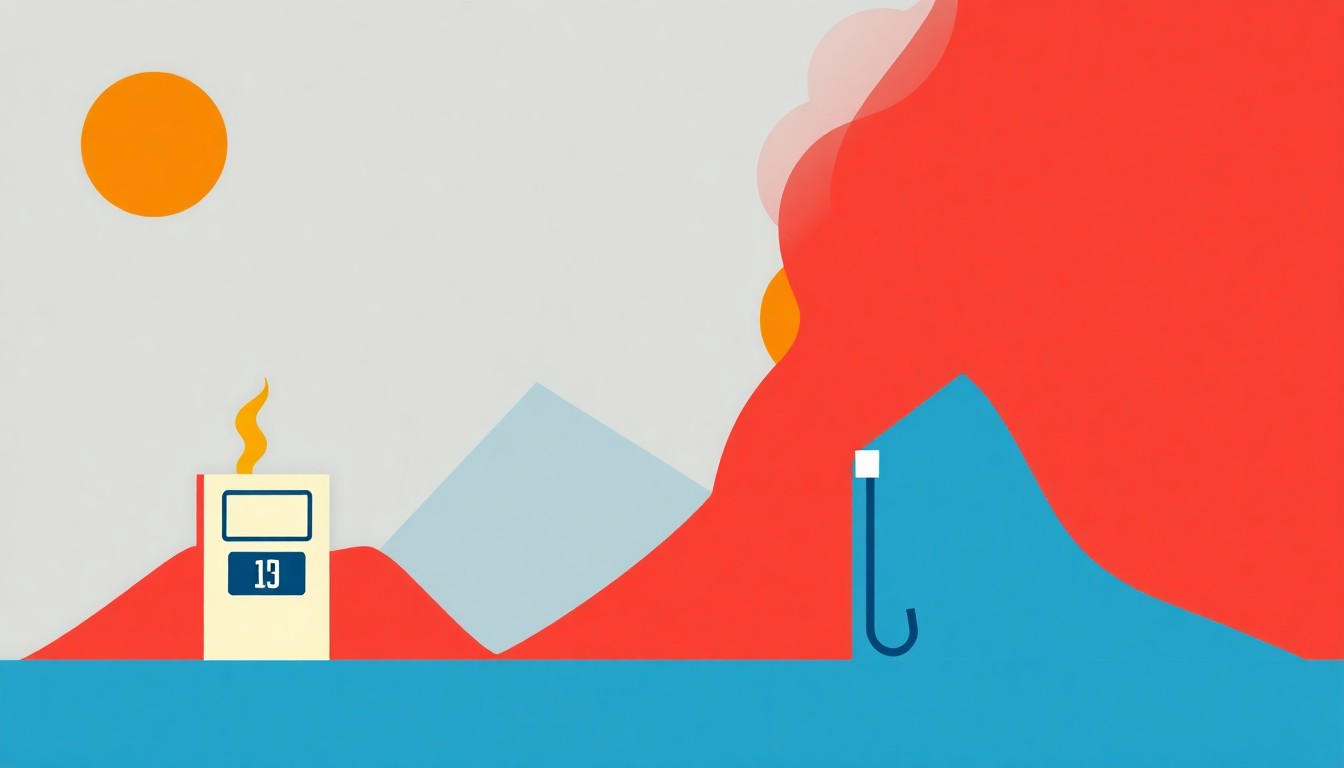 A vibrant abstract illustration composed of overlapping triangles and circles in shades of red, blue, and yellow, conceptually representing the economic impact of rising gas prices.