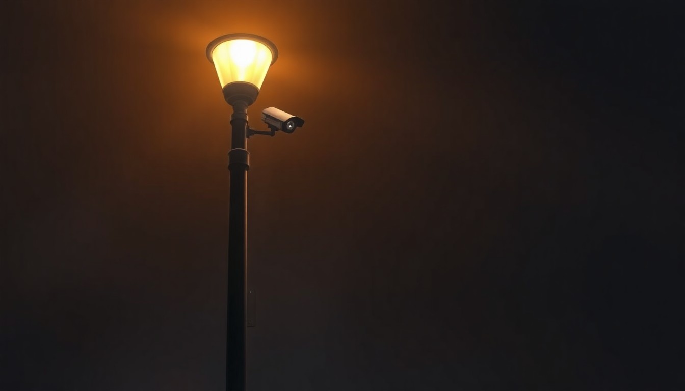 A photorealistic painting of a solitary street light pole with an automated license plate reader camera mounted on it, the pole and camera bathed in warm, diagonal sunlight and deep shadows, creating a contemplative, cinematic mood that reflects the complex policy issues surrounding this technology.