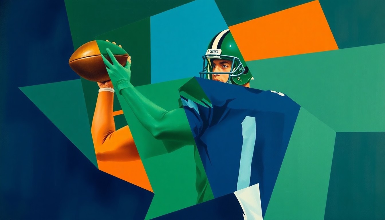 A fragmented, geometric painting depicting a football quarterback in the midst of a passing play, with sharp planes of navy, green, and orange overlapping to create a dynamic, multi-angled visual representation of the action.
