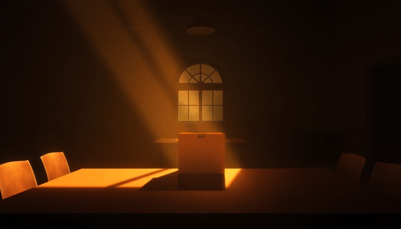 A solitary ballot box sits on a table in a dimly lit government office, the scene bathed in warm, cinematic lighting and deep shadows, conveying a sense of quiet contemplation over the integrity of the electoral process.