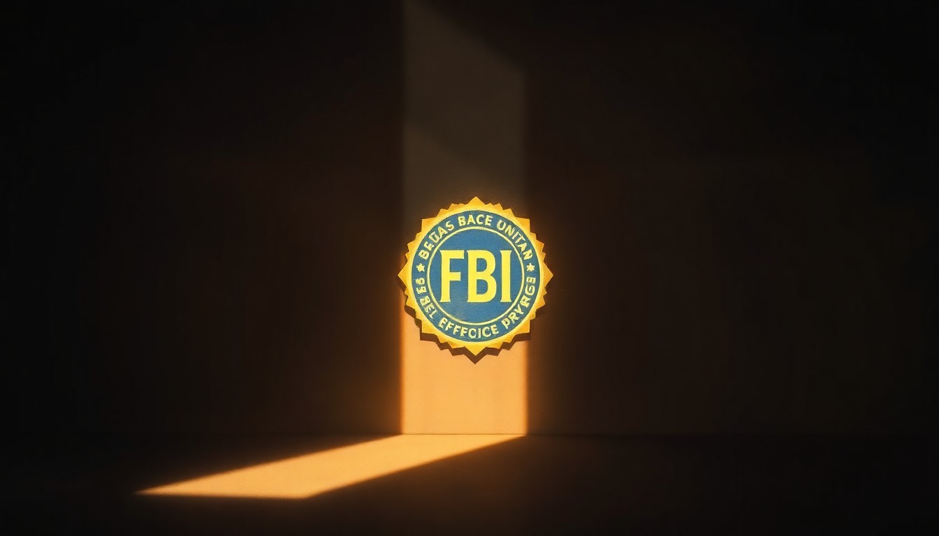 A detailed, realistic painting of an FBI badge or emblem in warm, muted tones, with dramatic lighting and shadows creating a somber, contemplative mood.