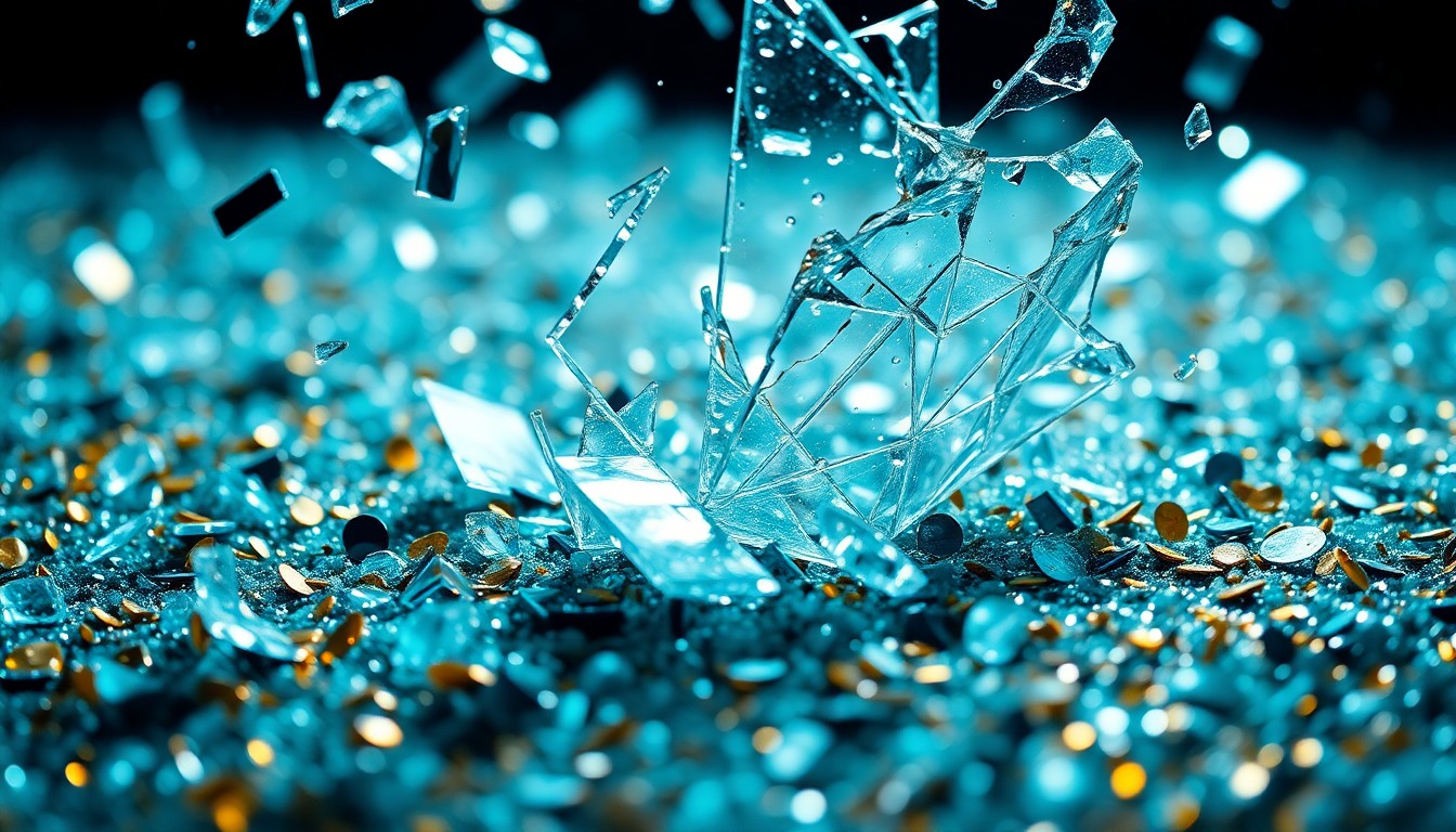 An abstract close-up image featuring shattered glass and glittering sequins in high-contrast black, white, and metallic tones, conveying the glamour and intensity of T.I.'s career breakthrough in 2006.