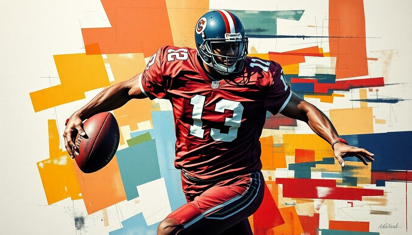 A cubist-style painting depicting a football player in motion, broken down into sharp, overlapping geometric shapes and planes in a range of blues, greens, and grays.