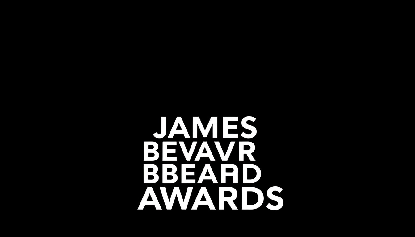 A striking black and white abstract illustration featuring bold, angular shapes and high contrast, conveying the prestigious and glamorous nature of the James Beard culinary awards.