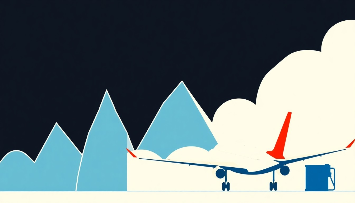 An abstract illustration featuring overlapping triangles and circles in shades of blue, red, and yellow, conceptually representing the rising costs and economic pressures facing the airline industry due to the global jet fuel shortage.