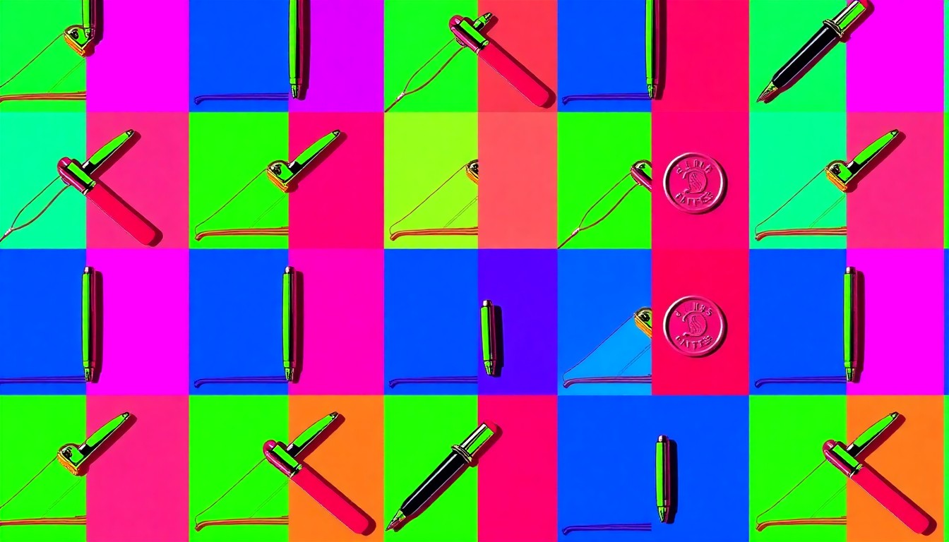 A brightly colored, high-contrast silkscreen print of a single, iconic stationery item such as a fountain pen or wax seal stamp, repeated in a tight grid pattern, conceptually representing the premium and artisanal products offered at the new Fold & Gather boutique.