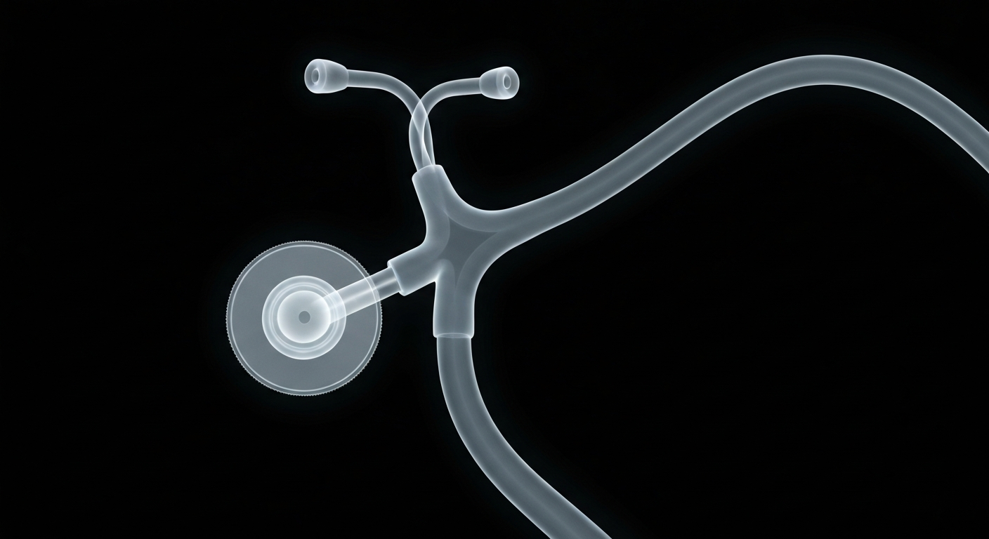 A translucent X-ray photograph revealing the internal structure of a stethoscope, conceptually representing the focus on personalized, holistic healthcare.