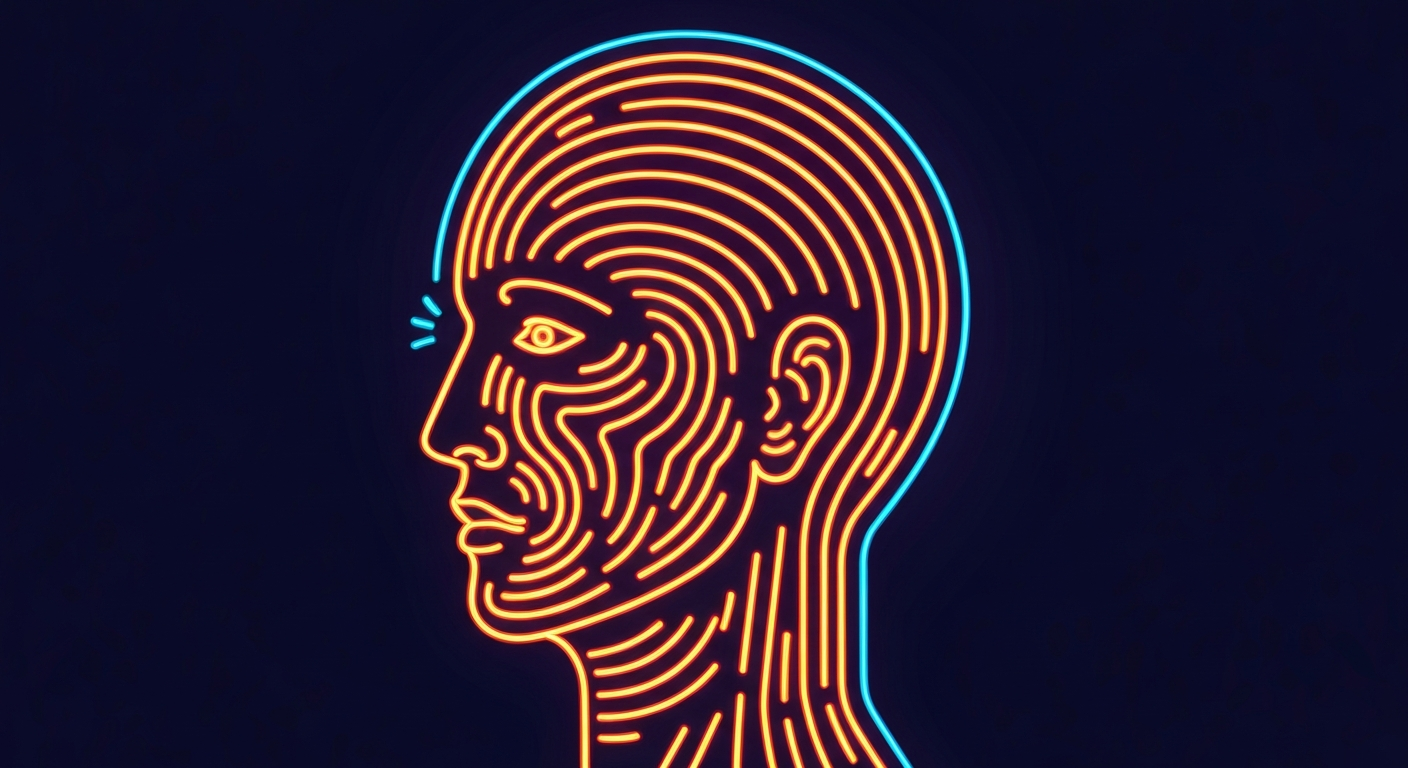 A minimalist illustration of a human head defined by glowing neon lines, conceptually representing the psychological and emotional challenges of dealing with head lice infestations.