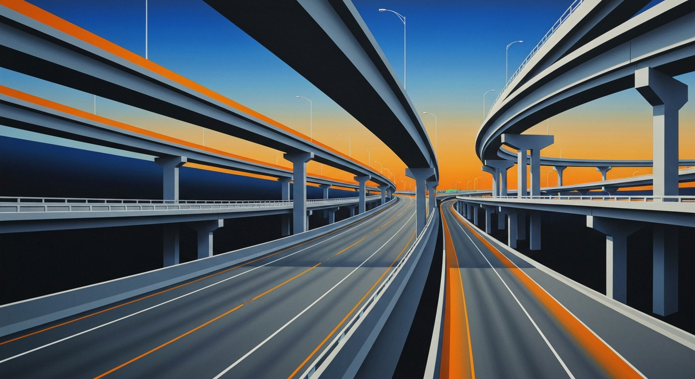 A highly stylized, geometric illustration depicting the sweeping curves and towering scale of a major highway interchange, rendered in a bold, airbrushed Art Deco style that evokes the dramatic visual impact of large-scale transportation infrastructure.