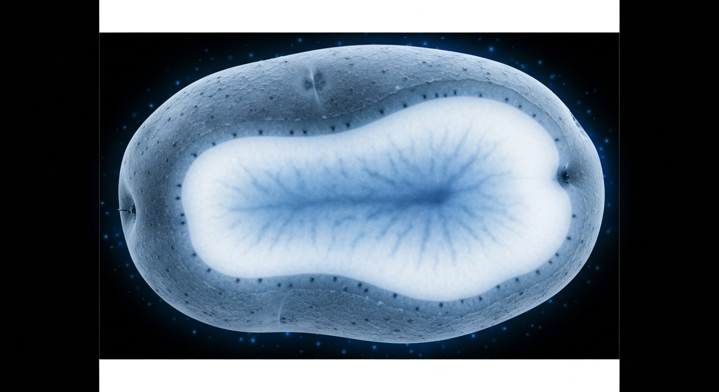 A ghostly, translucent X-ray image of a potato, revealing its internal structure and highlighting the presence of chemical residues within the vegetable.