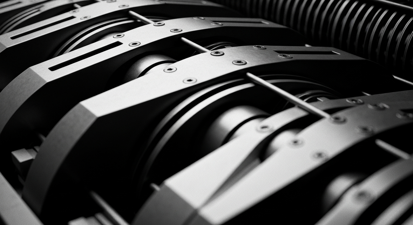 An extreme close-up of a complex banking mechanism or financial infrastructure, rendered in high-contrast black and white. The heavy, industrial object fills the frame, conveying a sense of institutional power and economic security.