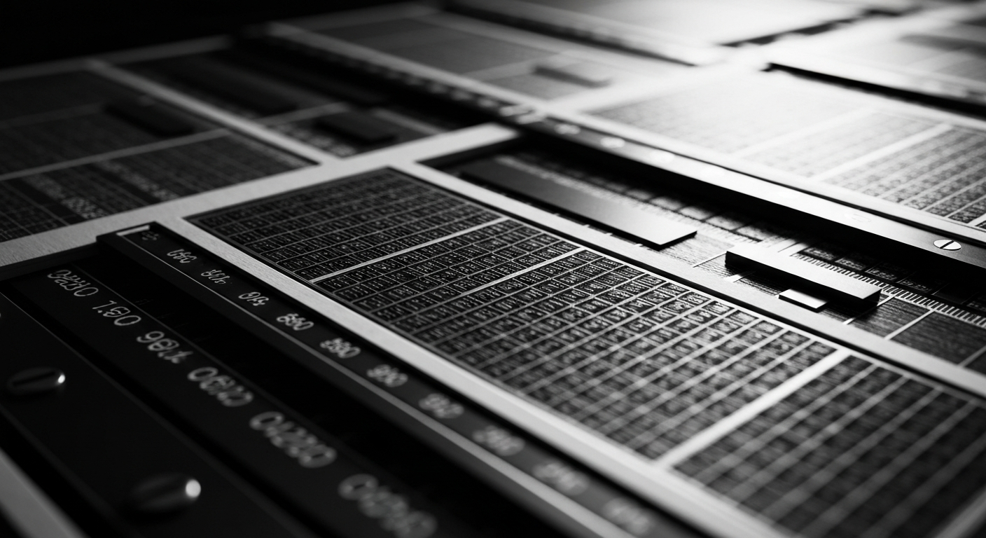 A high-contrast black and white close-up image of intricate financial machinery and ledgers, conveying the heavy, industrial nature of institutional banking and wealth management.