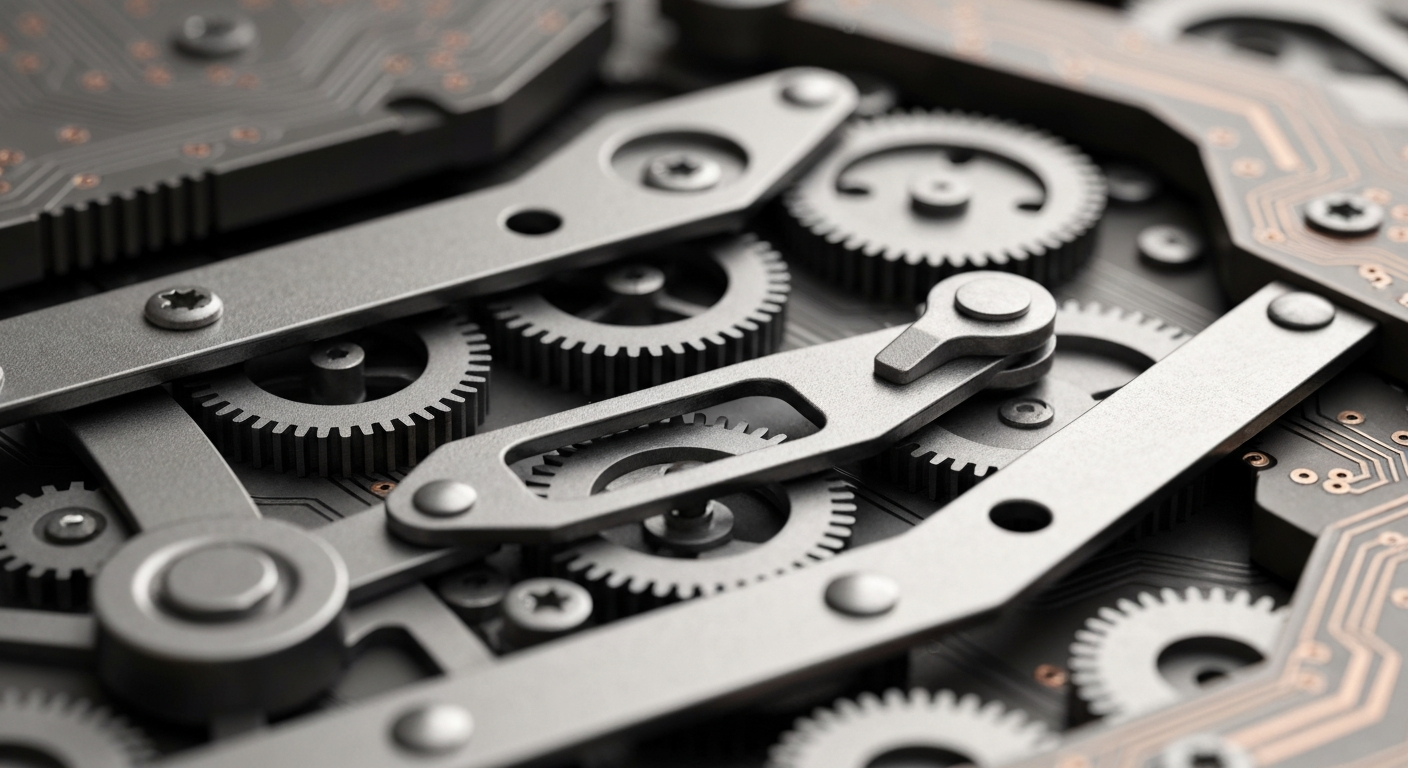 A close-up macro photograph of intricate financial machinery, such as gears, levers, and circuits, in muted tones of steel gray and copper, conveying the complex inner workings of the financial industry.