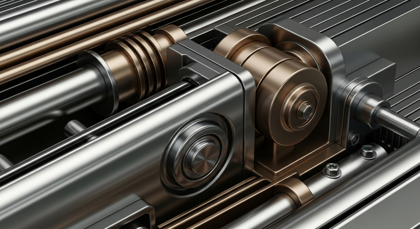 An extreme close-up of intricately geared and polished banking machinery, conveying a sense of institutional financial security and stability through its heavy, industrial design.