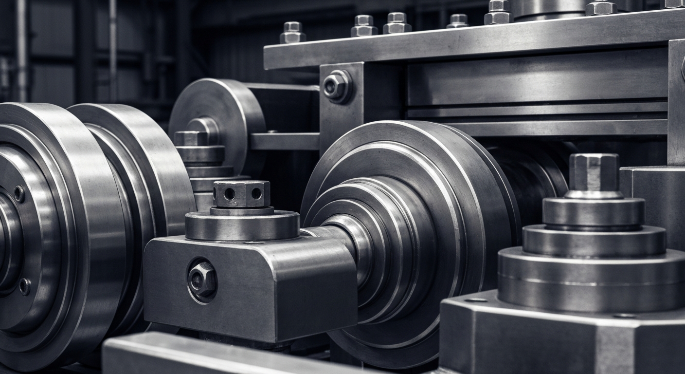 A dramatic close-up of shiny, intricate steel machinery and equipment, conveying the industrial power and precision of steel production without any text or identifiable branding.