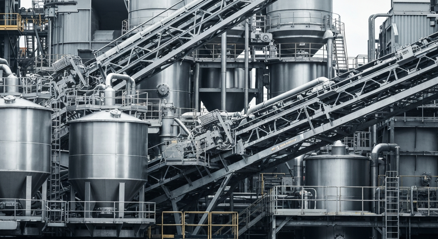 An extreme close-up of various heavy, industrial gold mining equipment and machinery, including drills, conveyor belts, and ore processing tanks, all in shades of metallic gray and silver, conveying the scale, power, and technical complexity of modern gold extraction and processing.