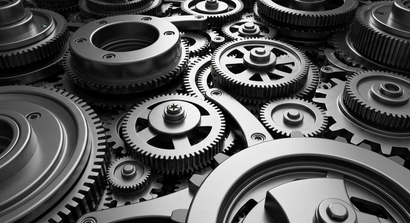An extreme close-up of interlocking gears, cogs, and other heavy industrial banking equipment in shades of steel gray, gunmetal, and chrome, conceptually representing the complex financial infrastructure that powers global markets.