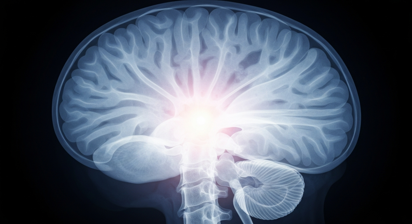 A ghostly, translucent X-ray photograph revealing the intricate structures of the human brain, with a faint glow emanating from the outline of a brain tumor, conceptually illustrating the medical challenges of treating brain cancer.