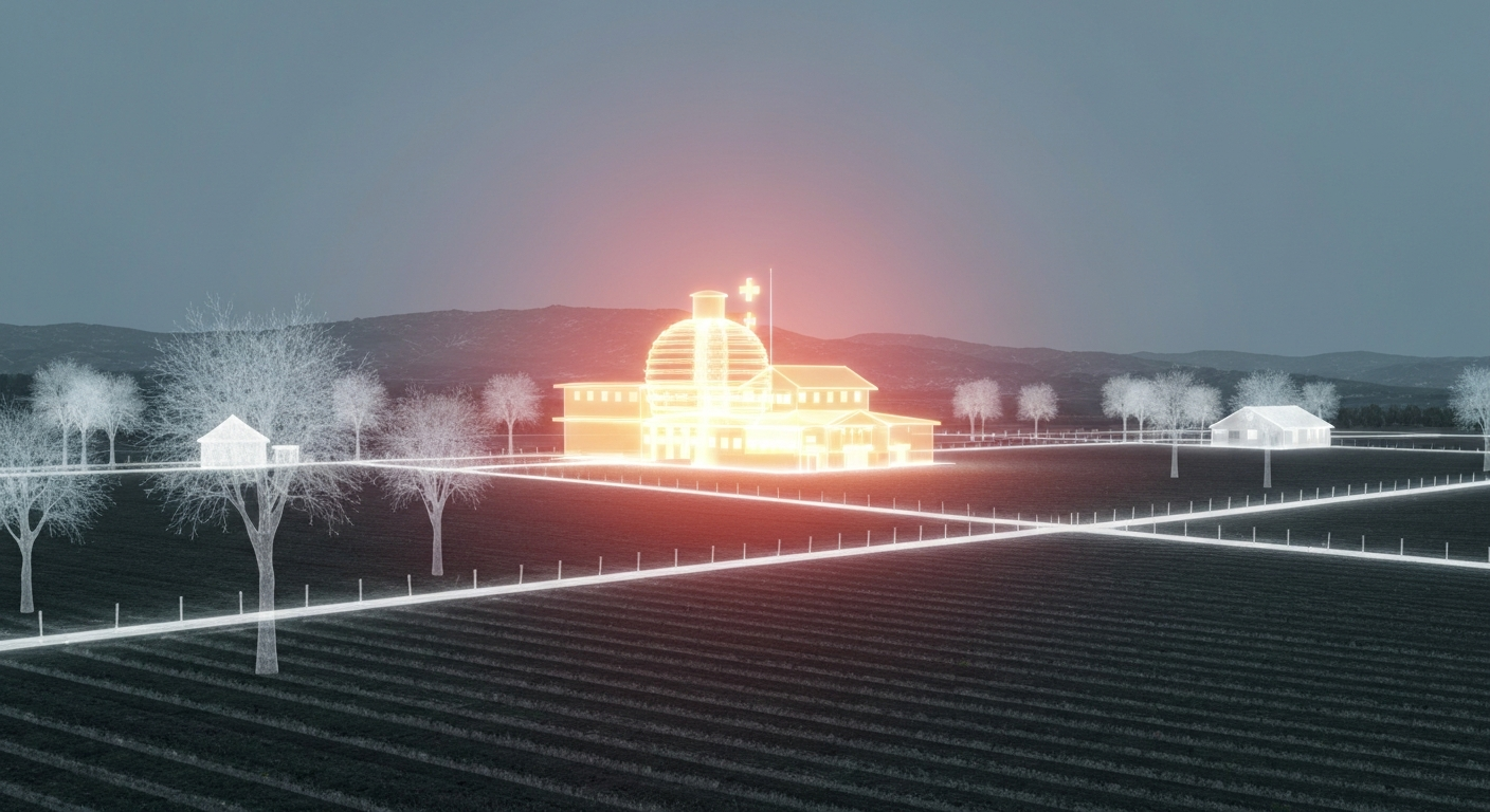 A ghostly, translucent X-ray image of a rural landscape, with a glowing, skeletal structure of a hospital building at the center, symbolizing the fragility and inner workings of healthcare infrastructure in remote areas.