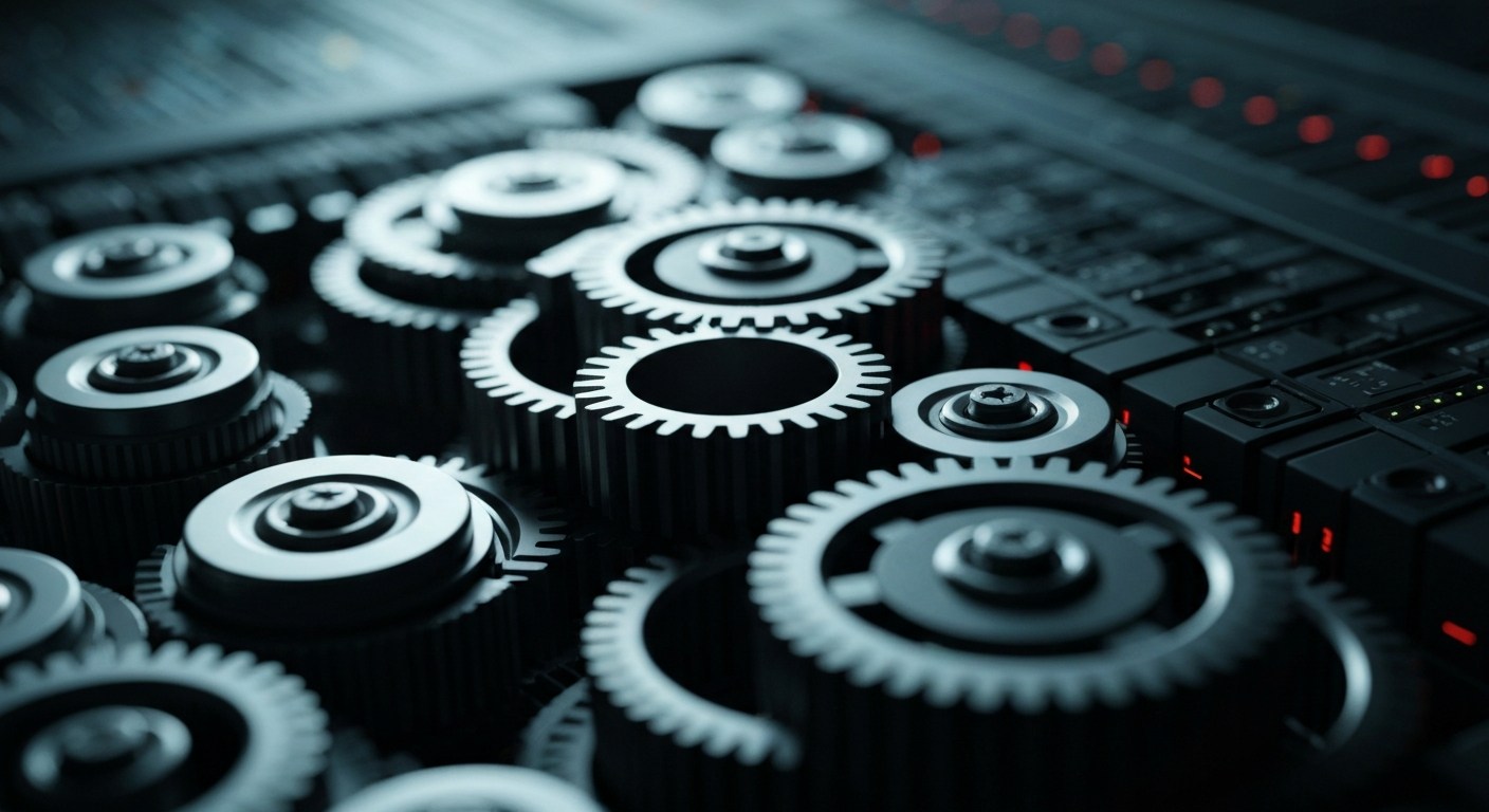 An extreme close-up of the complex internal components of a high-tech computer server, with gears, circuits, and metallic textures filling the frame to represent the sophisticated financial infrastructure supporting major technology companies.