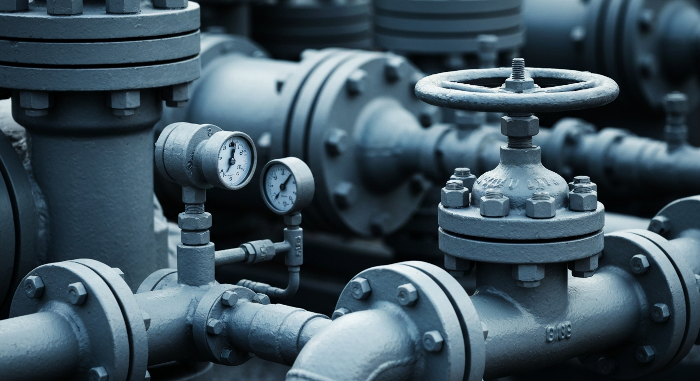 An extreme close-up photograph of intricate, industrial oil and gas equipment in shades of gray, black, and steel blue, conveying the complex machinery that powers the energy industry.