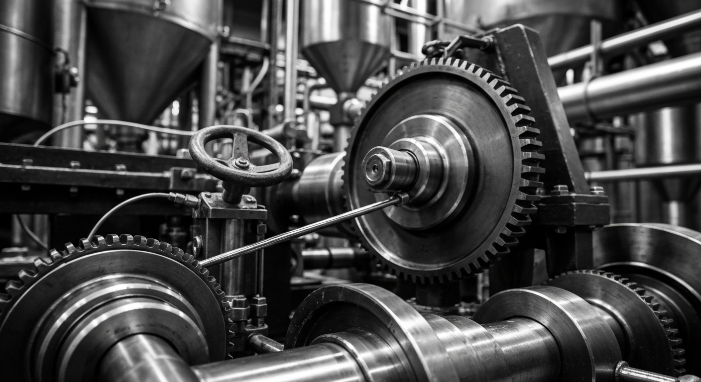 A high-contrast black and white close-up photograph of the intricate gears, pipes, and machinery inside an ethanol production facility, conveying the physical scale and technical precision of renewable energy infrastructure.