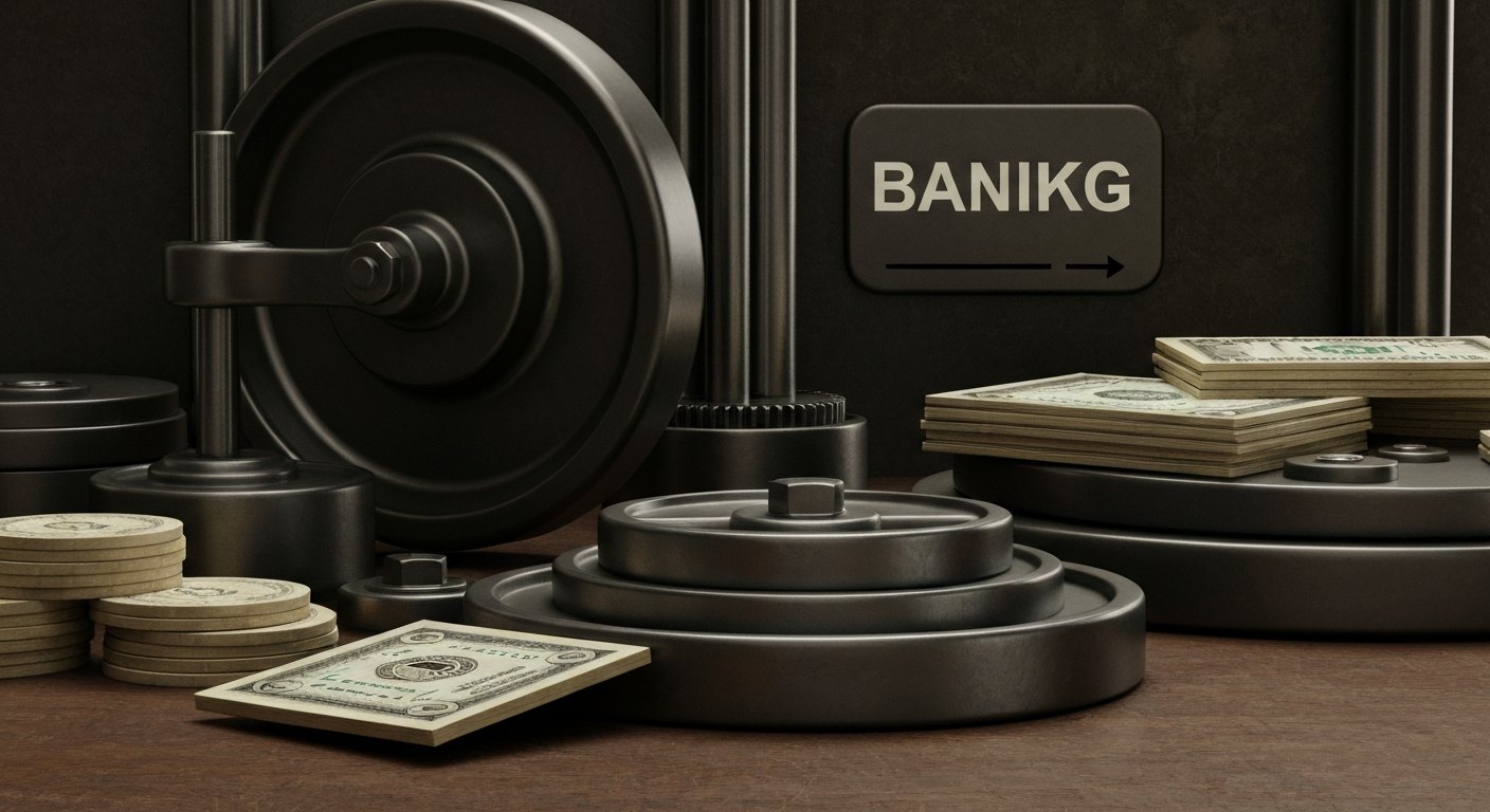 An extreme close-up of intricate, metallic banking machinery and components, conveying a sense of institutional financial power and security without depicting any literal currency or financial symbols.