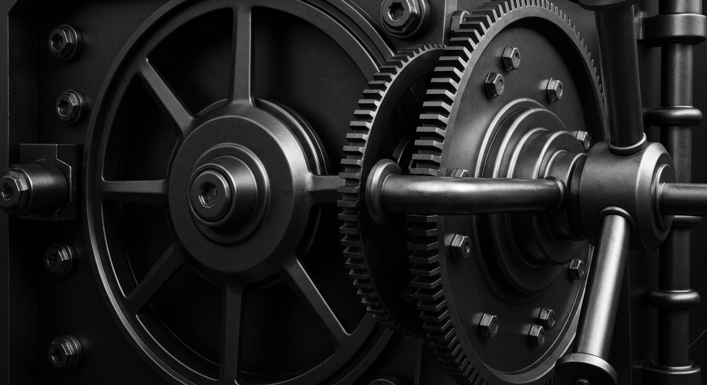 A high-contrast, cinematic close-up of the intricate gears and mechanisms of a banking vault, representing the secure, institutional nature of finance and wealth management.