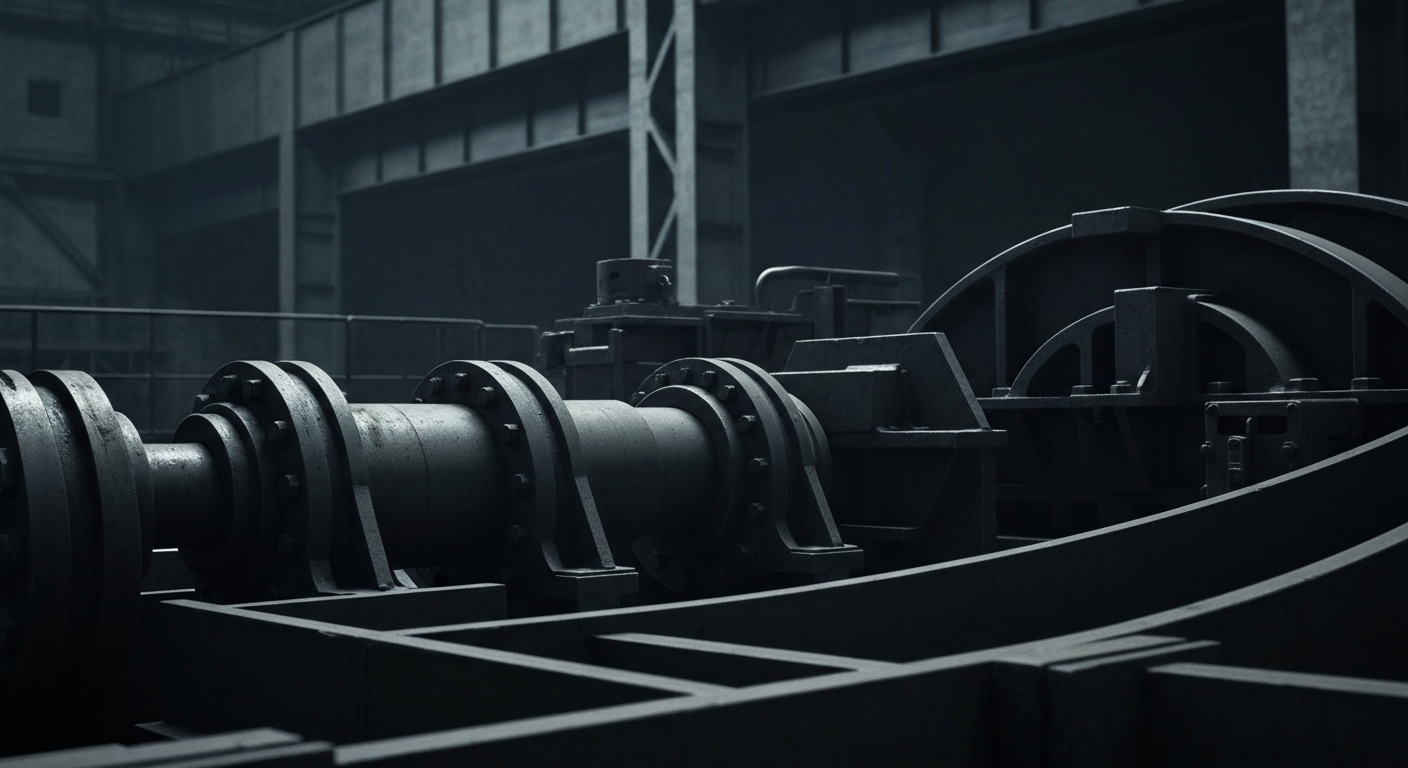 An extreme close-up of heavy, textured steel machinery and equipment, conveying the industrial nature of the steel industry without using any literal financial symbols or charts.