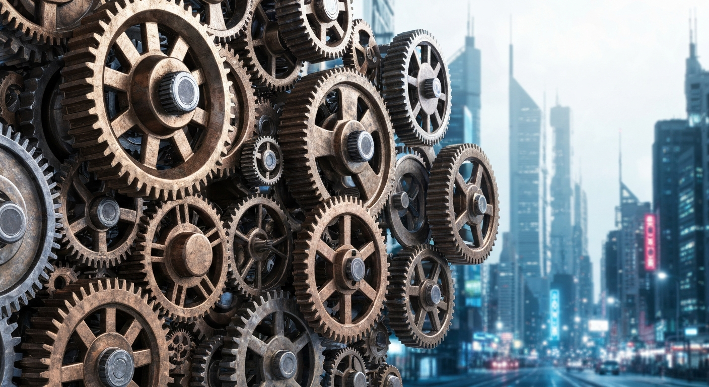 An extreme close-up of intricately engineered metal gears and machinery, representing the complex financial infrastructure of the semiconductor industry.