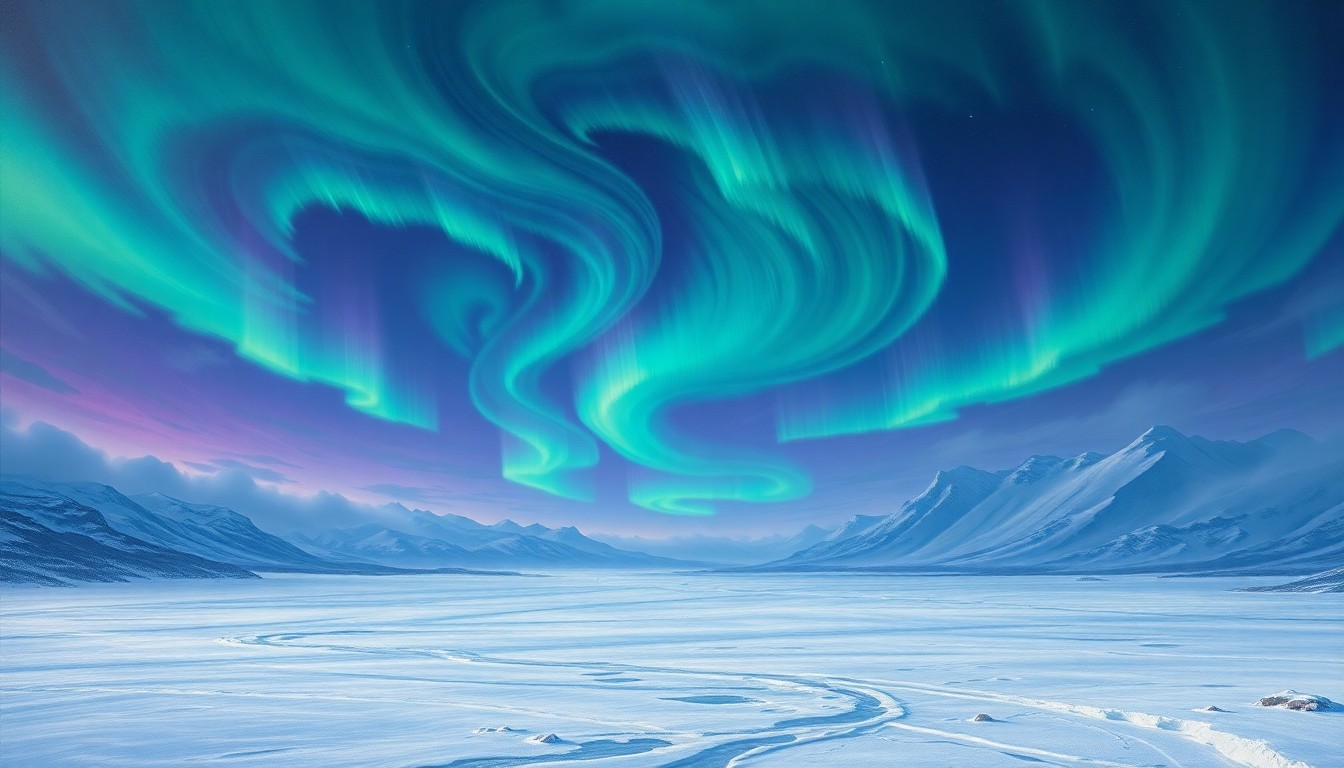 A sweeping, atmospheric landscape painting depicting a frozen, snow-covered expanse under a dramatic, swirling sky of vibrant green and purple northern lights, conveying the overwhelming, sublime scale of the natural world.