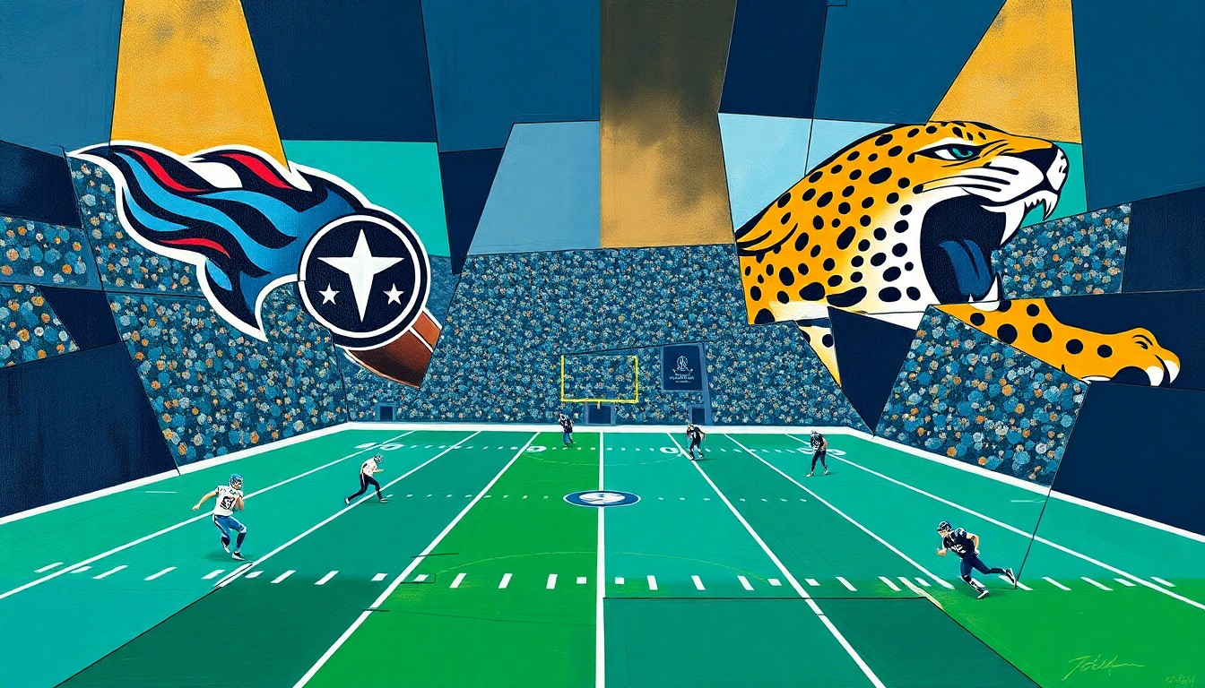 A fractured, cubist-style painting depicting an abstract football game, with sharp geometric shapes in navy blue, teal, and gold representing the players and field, conceptually illustrating the strategic battle between two rival coaches.