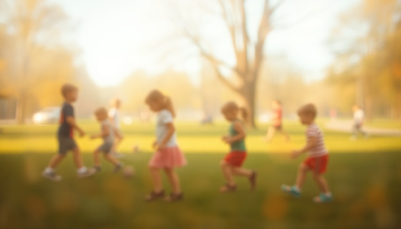 An abstract, impressionistic photograph of children playing in a park, with soft, blurred edges and warm, hazy colors, conveying the peaceful, community-focused atmosphere of the space.