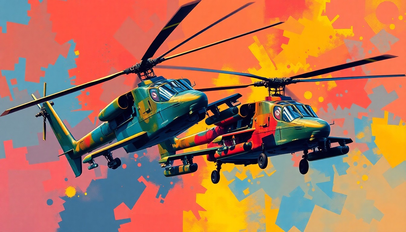 A dynamic, abstract painting of two Apache helicopters in flight, their forms fractured and repeated in overlapping geometric waves of bold, clashing colors, conveying a sense of political tension and divided loyalties.