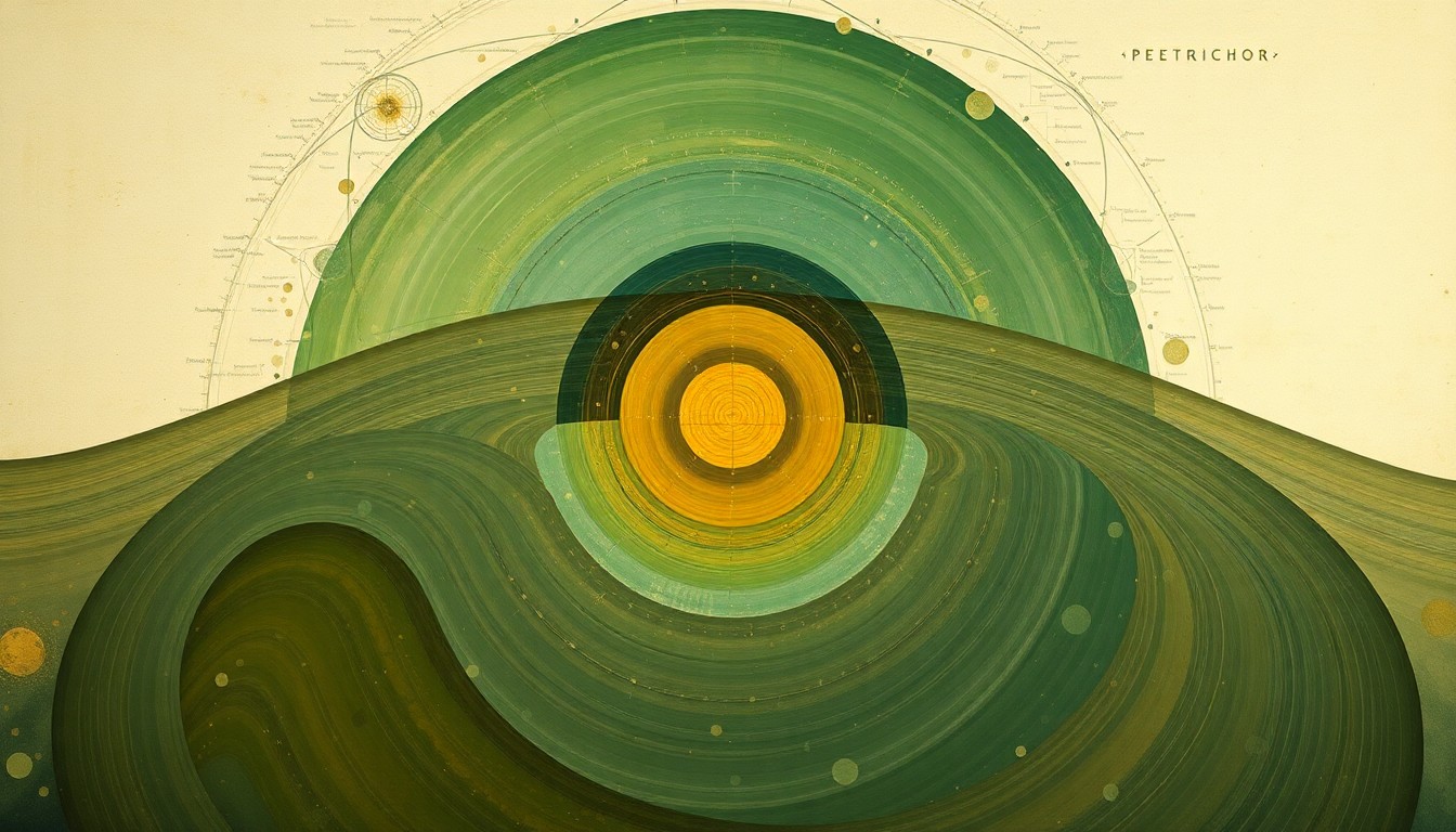 A bold, highly structured abstract painting in muted earth tones, featuring sweeping geometric arcs, concentric circles, and precise botanical spirals, conceptually representing the complex interplay of natural processes that produce the distinctive smell of rain on dry soil.