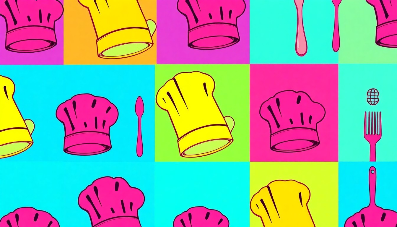 A colorful, abstract grid of silkscreened kitchen items in neon hues, conceptually representing the energy and creativity of a charity gala focused on addressing homelessness.