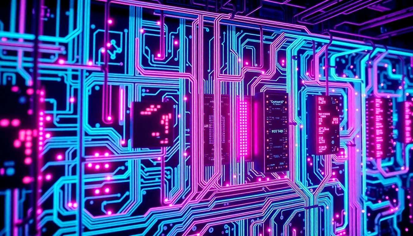 A highly detailed 3D illustration of a glowing, neon-lit circuit board or data center infrastructure, representing the complex, interconnected systems that power modern healthcare revenue cycle management. The image features recognizable hardware elements like circuit traces, processors, and data cables, all illuminated by vibrant cyan and magenta lights.
